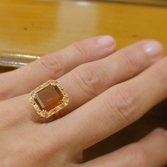 bague citrine entourage saphirs - modèle style art déco- or rose 18k